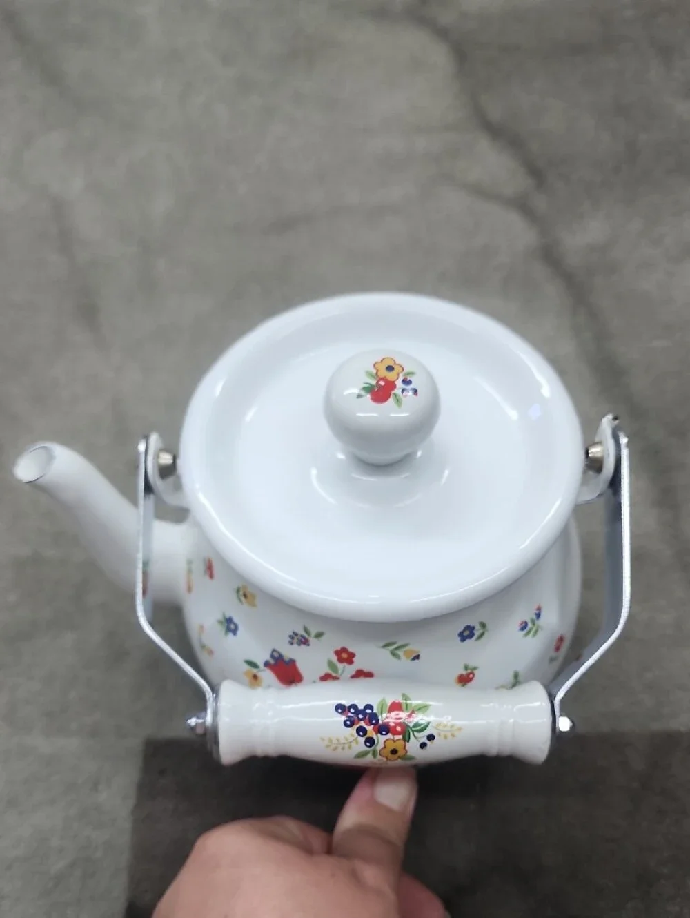 White Floral Enamel Teapot with Colorful Garden Pattern